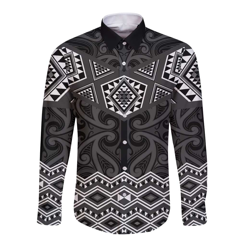 New Zealand Aotearoa Long Sleeve Button Shirt Black Taniko Art Maori Pattern