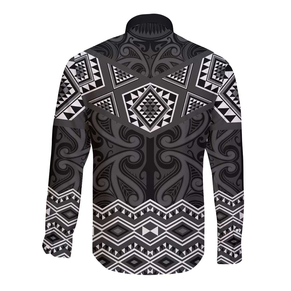 New Zealand Aotearoa Long Sleeve Button Shirt Black Taniko Art Maori Pattern
