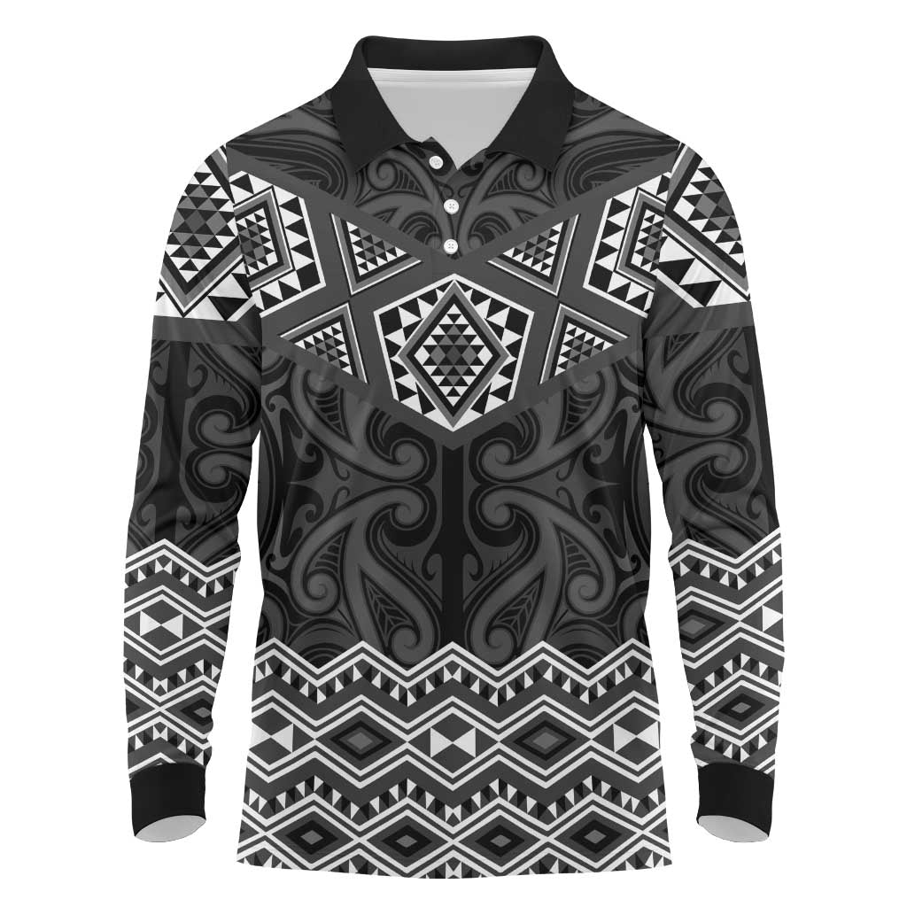 New Zealand Aotearoa Long Sleeve Polo Shirt Black Taniko Art Maori Pattern