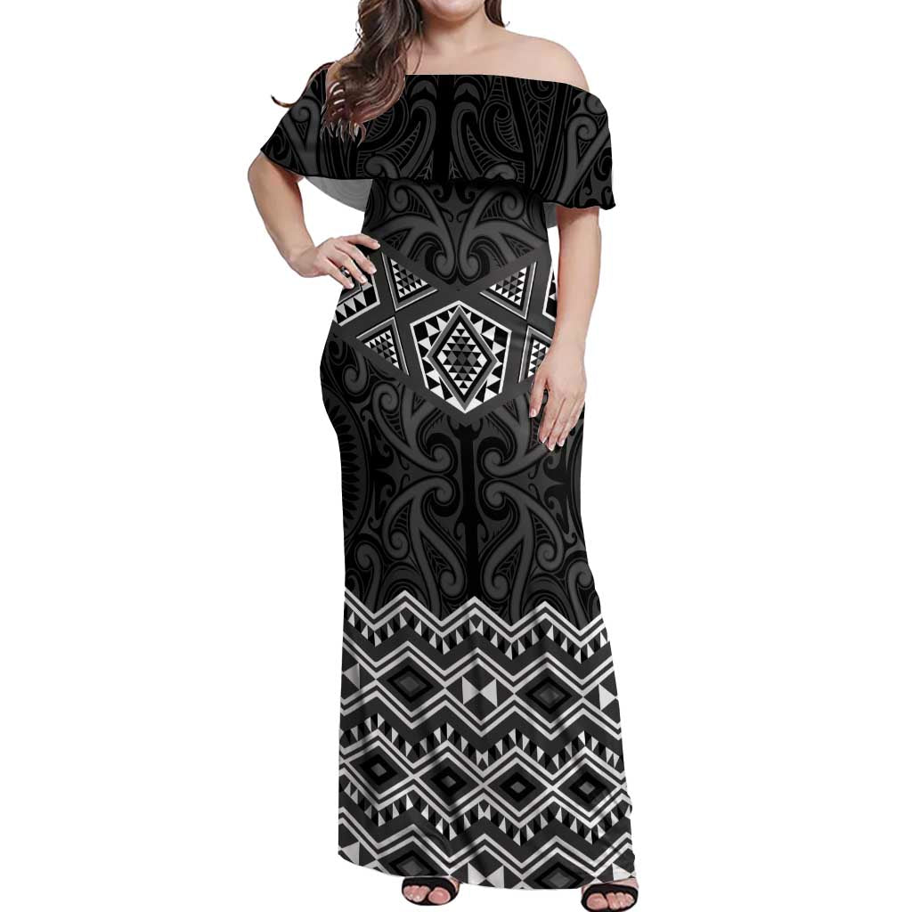 New Zealand Aotearoa Off Shoulder Maxi Dress Black Taniko Art Maori Pattern