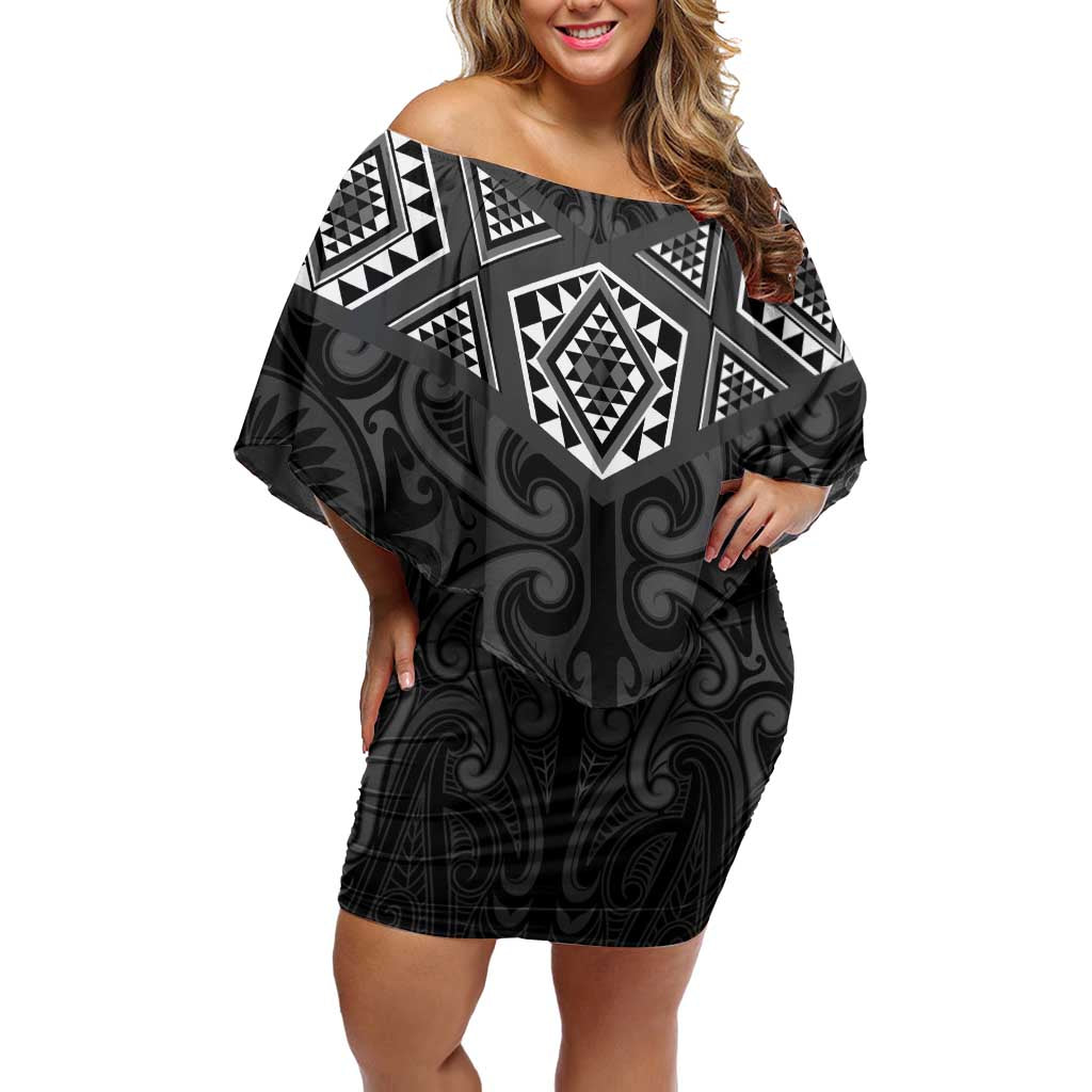 New Zealand Aotearoa Off Shoulder Short Dress Black Taniko Art Maori Pattern