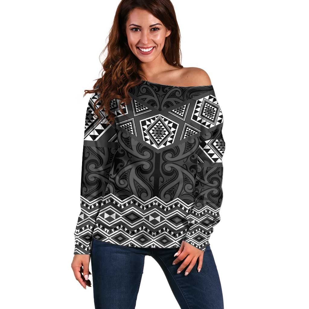 New Zealand Aotearoa Off Shoulder Sweater Black Taniko Art Maori Pattern