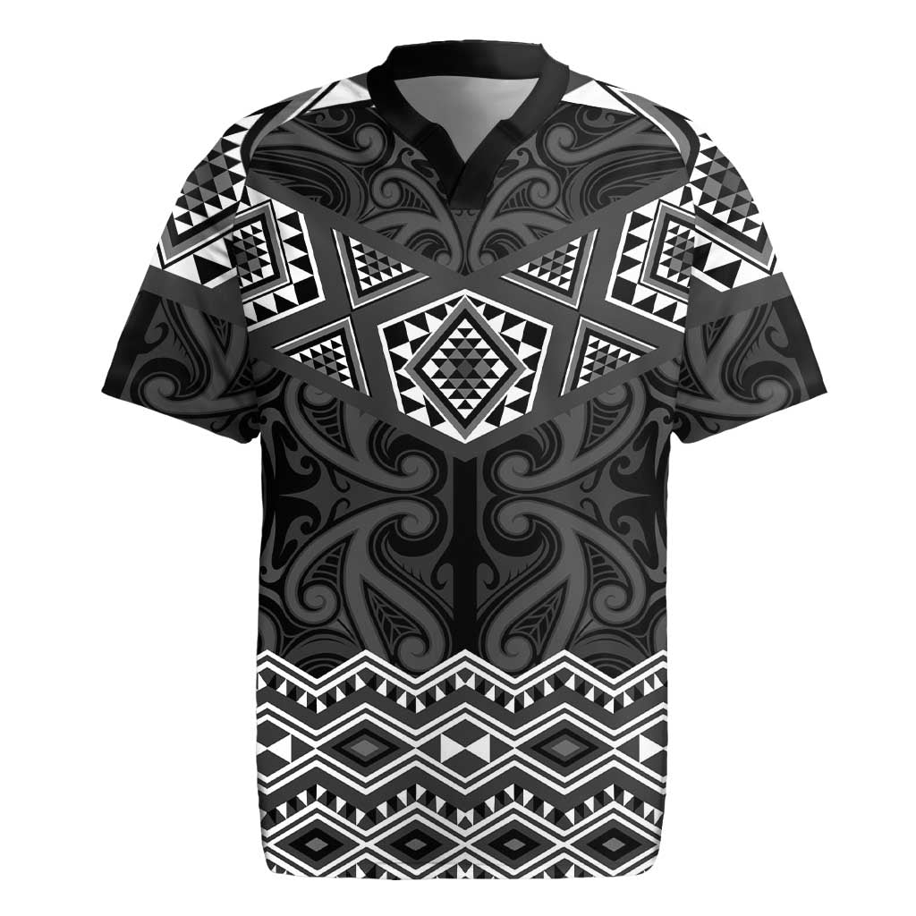 New Zealand Aotearoa Rugby Jersey Black Taniko Art Maori Pattern