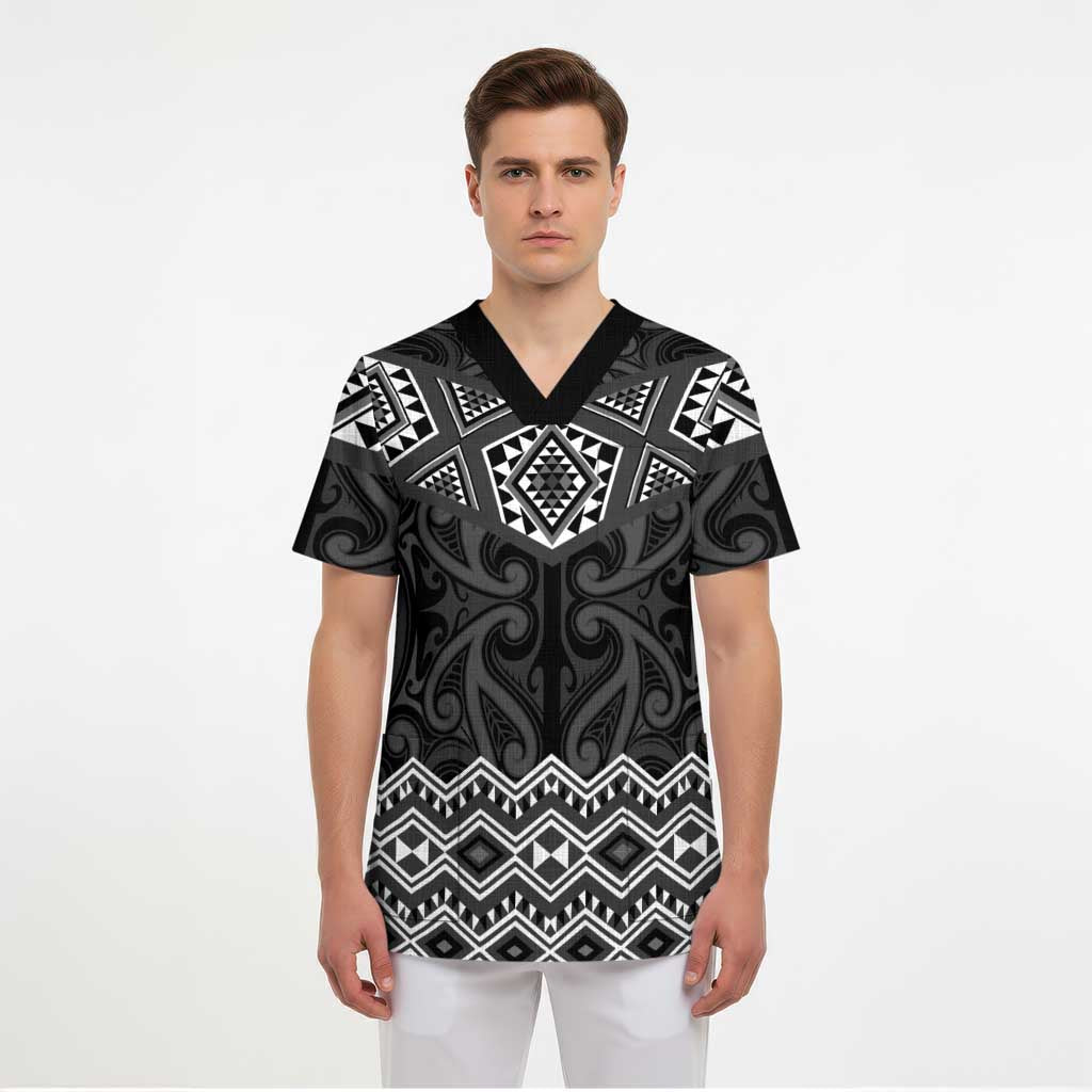New Zealand Aotearoa Scrub Top Black Taniko Art Maori Pattern - Polynesian Pride