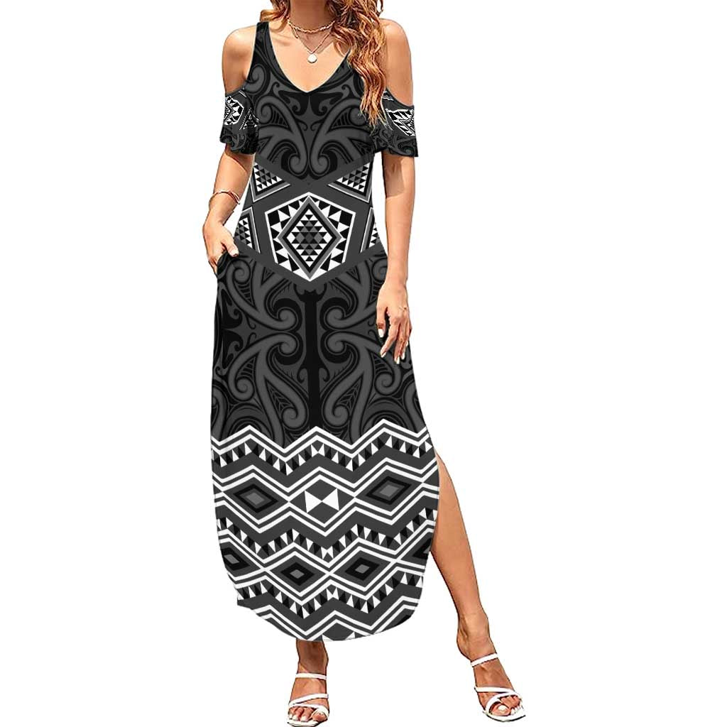 New Zealand Aotearoa Summer Maxi Dress Black Taniko Art Maori Pattern