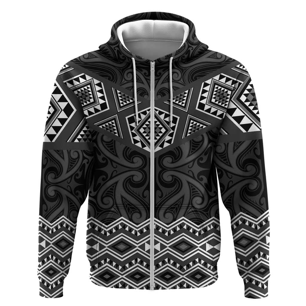 New Zealand Aotearoa Zip Hoodie Black Taniko Art Maori Pattern