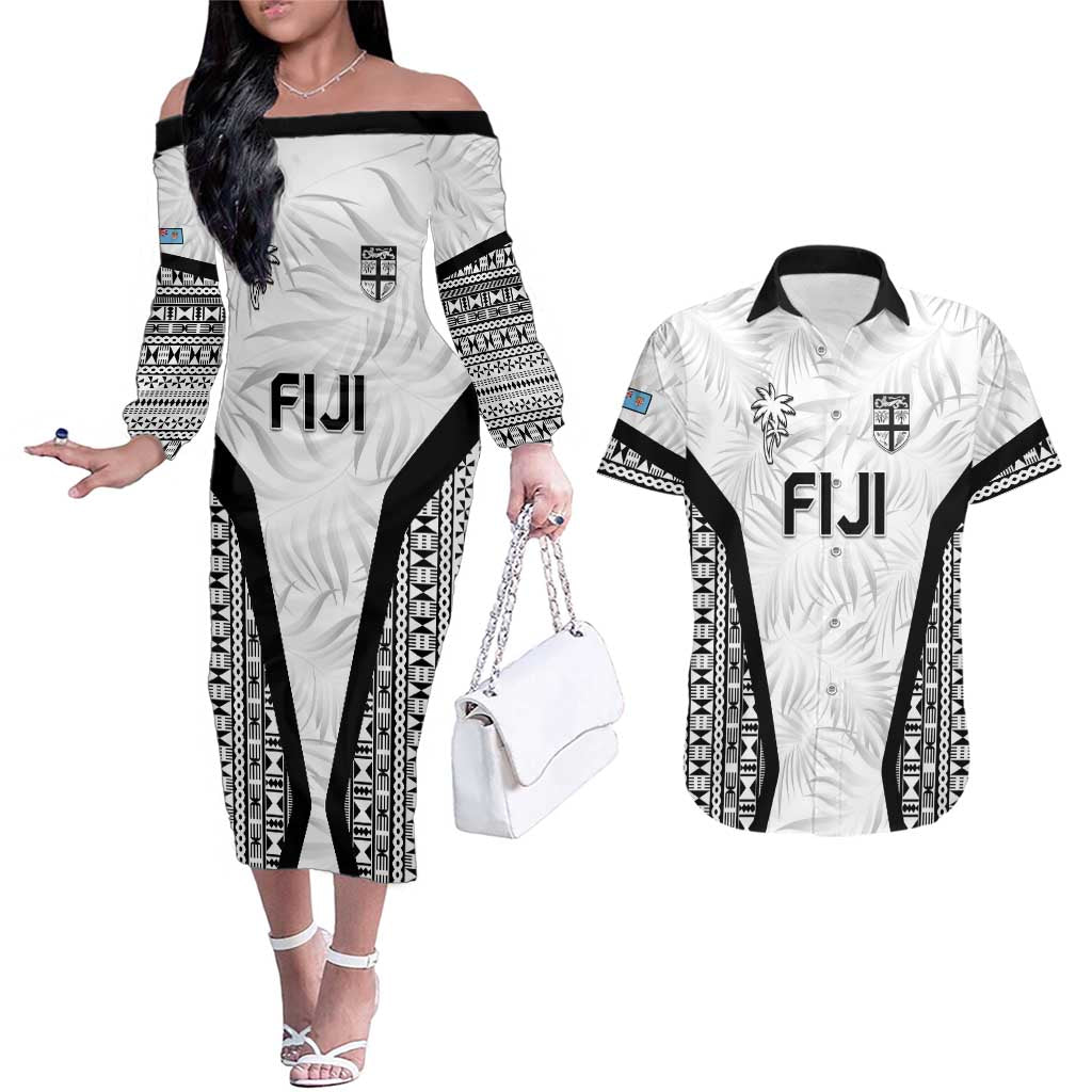 Custom Fiji 2026 Rugby Couples Matching Off The Shoulder Long Sleeve Dress and Hawaiian Shirt Fijian Tapa Pattern LT05 White - Polynesian Pride