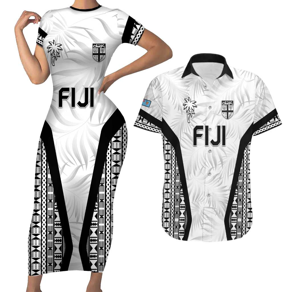 Custom Fiji 2026 Rugby Couples Matching Short Sleeve Bodycon Dress and Hawaiian Shirt Fijian Tapa Pattern LT05 White - Polynesian Pride