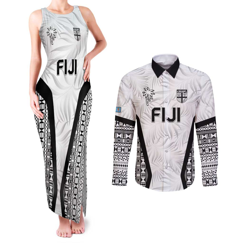 Custom Fiji 2026 Rugby Couples Matching Tank Maxi Dress and Long Sleeve Button Shirt Fijian Tapa Pattern LT05 White - Polynesian Pride