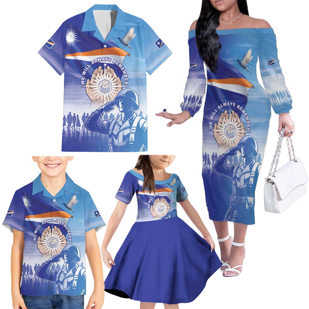Personalised Marshall Islands Remembrance Day Family Matching Off The Shoulder Long Sleeve Dress and Hawaiian Shirt We Will Always Remember