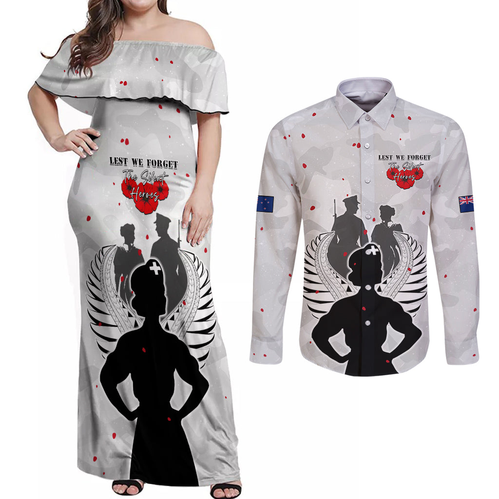 New Zealand ANZAC Day Couples Matching Off Shoulder Maxi Dress and Long Sleeve Button Shirt For The Nurse Lest We Forget LT05 White - Polynesian Pride