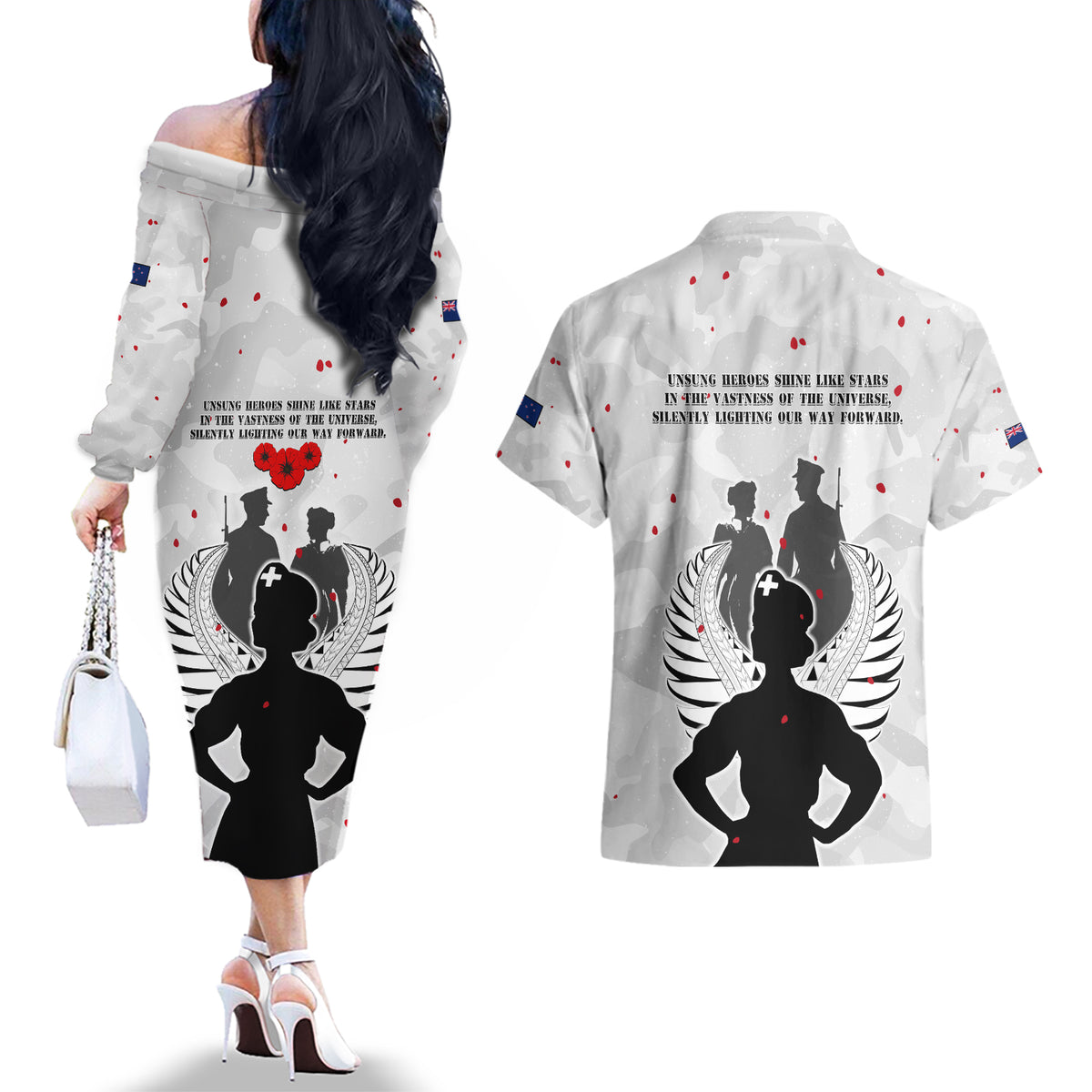 New Zealand ANZAC Day Couples Matching Off The Shoulder Long Sleeve Dress and Hawaiian Shirt For The Nurse Lest We Forget LT05 - Polynesian Pride