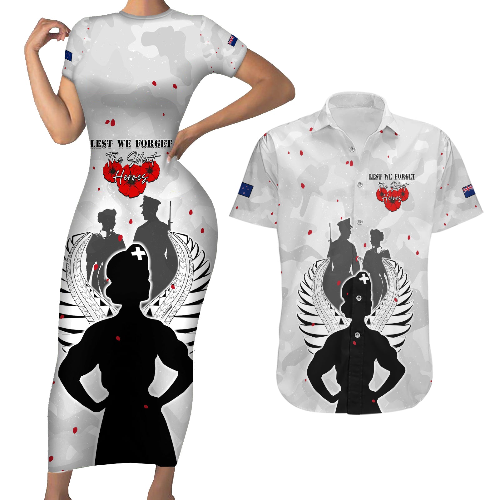 New Zealand ANZAC Day Couples Matching Short Sleeve Bodycon Dress and Hawaiian Shirt For The Nurse Lest We Forget LT05 White - Polynesian Pride