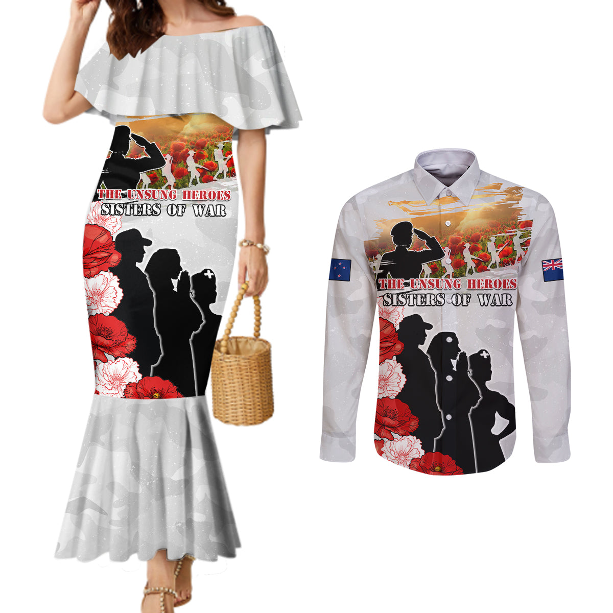 New Zealand ANZAC Day Couples Matching Mermaid Dress and Long Sleeve Button Shirt The Unsung Heroes Sisters of War LT05 White - Polynesian Pride