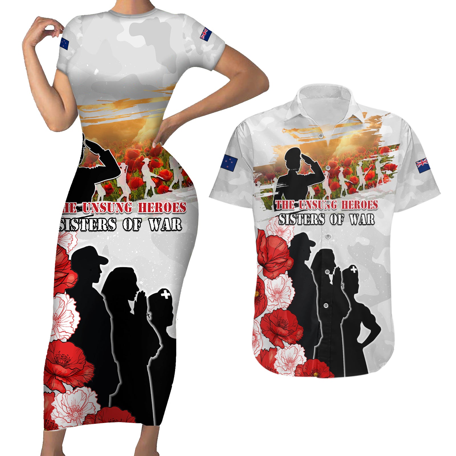 New Zealand ANZAC Day Couples Matching Short Sleeve Bodycon Dress and Hawaiian Shirt The Unsung Heroes Sisters of War LT05 White - Polynesian Pride