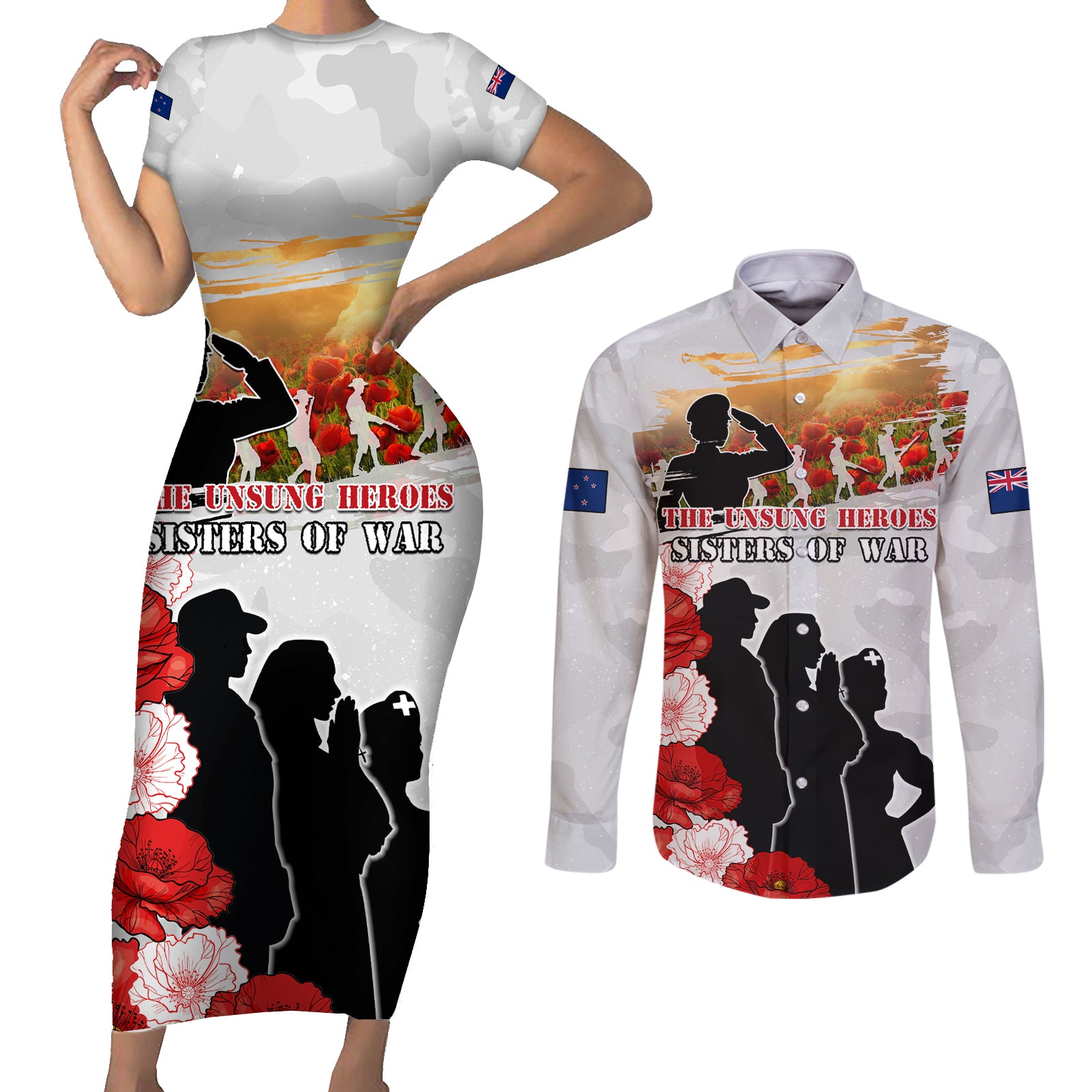 New Zealand ANZAC Day Couples Matching Short Sleeve Bodycon Dress and Long Sleeve Button Shirt The Unsung Heroes Sisters of War LT05 White - Polynesian Pride