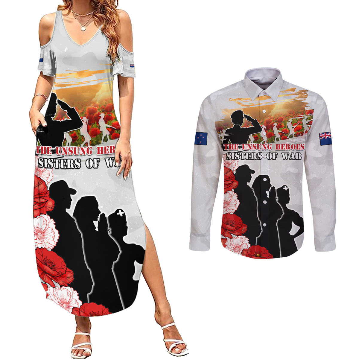 New Zealand ANZAC Day Couples Matching Summer Maxi Dress and Long Sleeve Button Shirt The Unsung Heroes Sisters of War LT05 White - Polynesian Pride