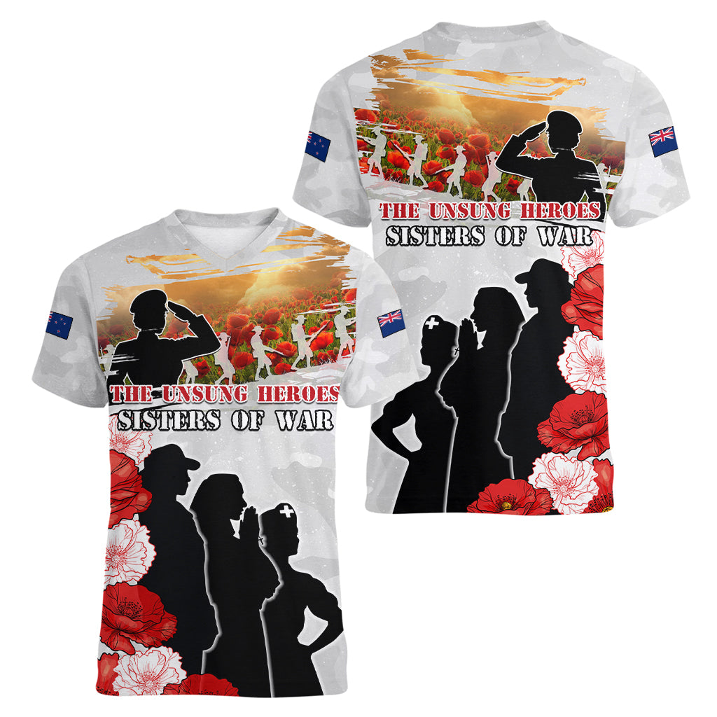 New Zealand ANZAC Day Women V Neck T Shirt The Unsung Heroes Sisters of War LT05 - Polynesian Pride