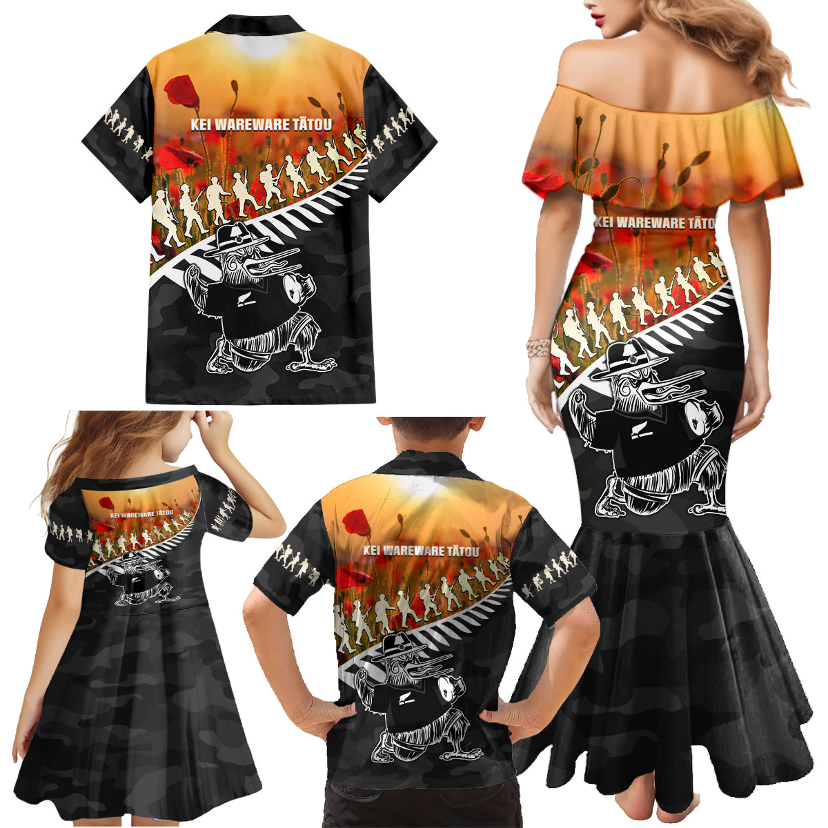 New Zealand ANZAC Rugby Family Matching Mermaid Dress and Hawaiian Shirt Soldier Fern With Kiwi Bird LT05