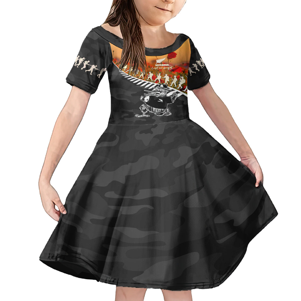 New Zealand ANZAC Rugby Kid Short Sleeve Dress Soldier Fern With Kiwi Bird LT05 KID Black - Polynesian Pride
