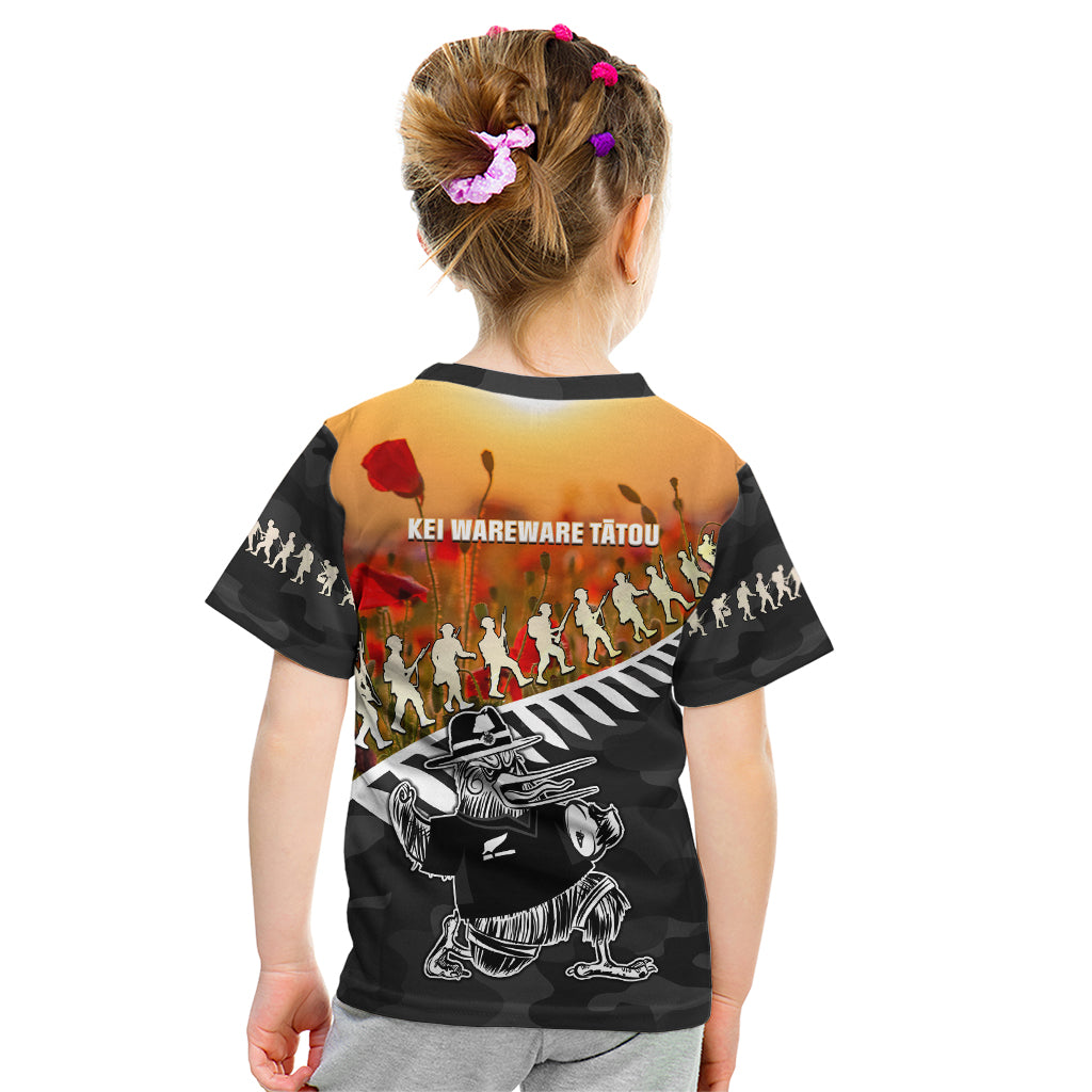 New Zealand ANZAC Rugby Kid T Shirt Soldier Fern With Kiwi Bird LT05