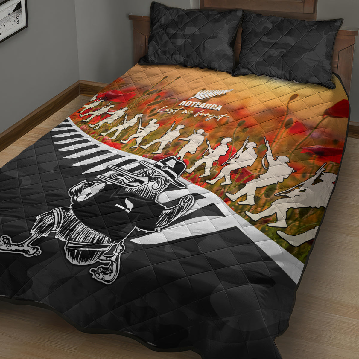 New Zealand ANZAC Rugby Quilt Bed Set Soldier Fern With Kiwi Bird
