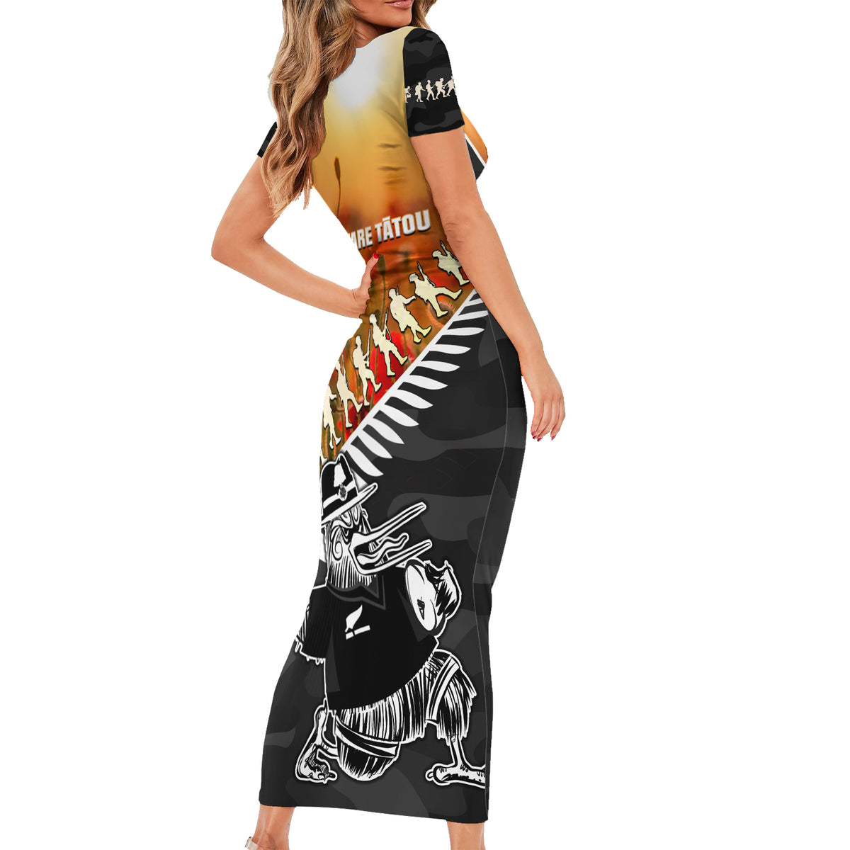 New Zealand ANZAC Rugby Short Sleeve Bodycon Dress Soldier Fern With Kiwi Bird LT05