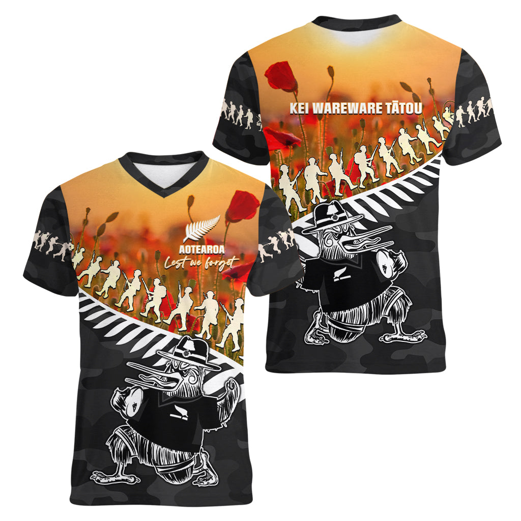 New Zealand ANZAC Rugby Women V Neck T Shirt Soldier Fern With Kiwi Bird LT05