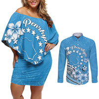 Personalised Penrhyn Gospel Day Couples Matching Off Shoulder Short Dress and Long Sleeve Button Shirt Cook Islands Tribal Pattern