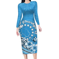 Personalised Penrhyn Gospel Day Family Matching Long Sleeve Bodycon Dress and Hawaiian Shirt Cook Islands Tribal Pattern LT05 Mom's Dress Blue - Polynesian Pride