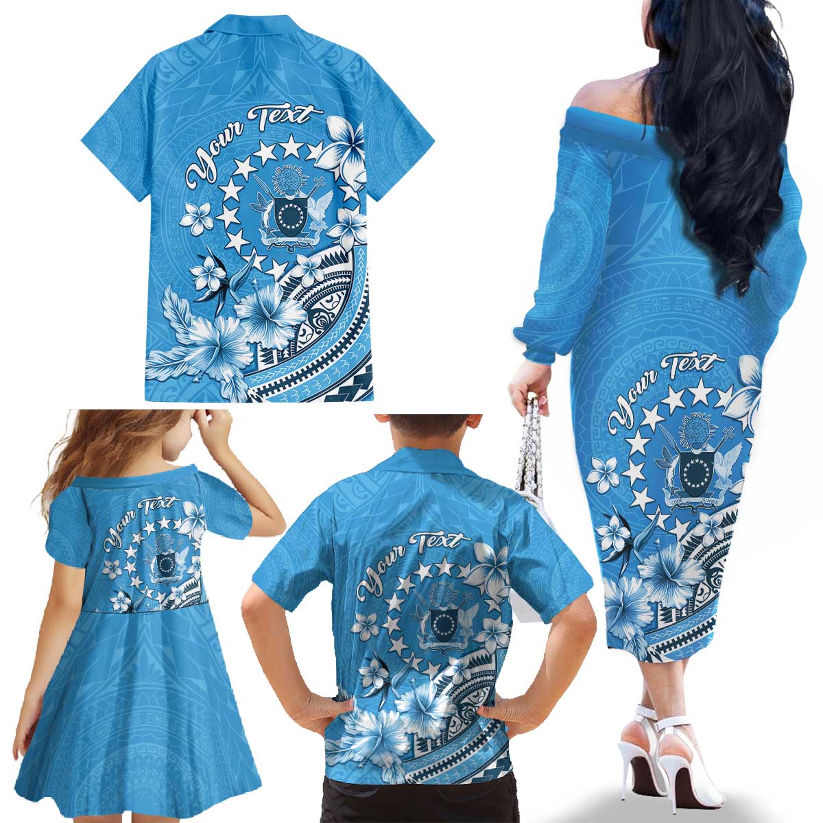 Personalised Penrhyn Gospel Day Family Matching Off The Shoulder Long Sleeve Dress and Hawaiian Shirt Cook Islands Tribal Pattern LT05 - Polynesian Pride