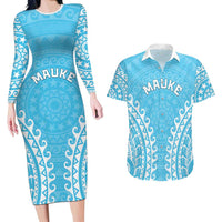 Custom Cook Islands Mauke Couples Matching Long Sleeve Bodycon Dress and Hawaiian Shirt Polynesian Tribal Tattoo