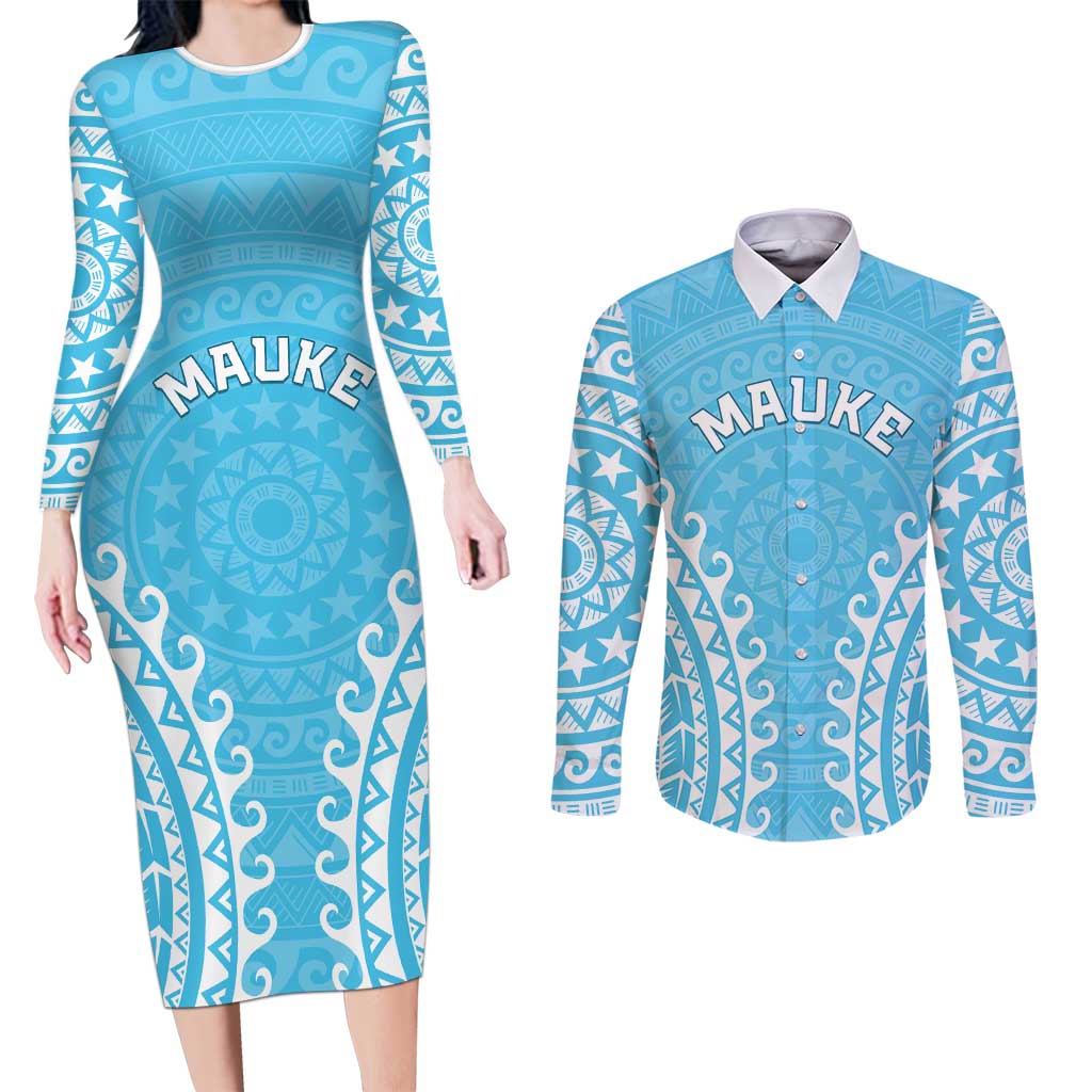 Custom Cook Islands Mauke Couples Matching Long Sleeve Bodycon Dress and Long Sleeve Button Shirt Polynesian Tribal Tattoo