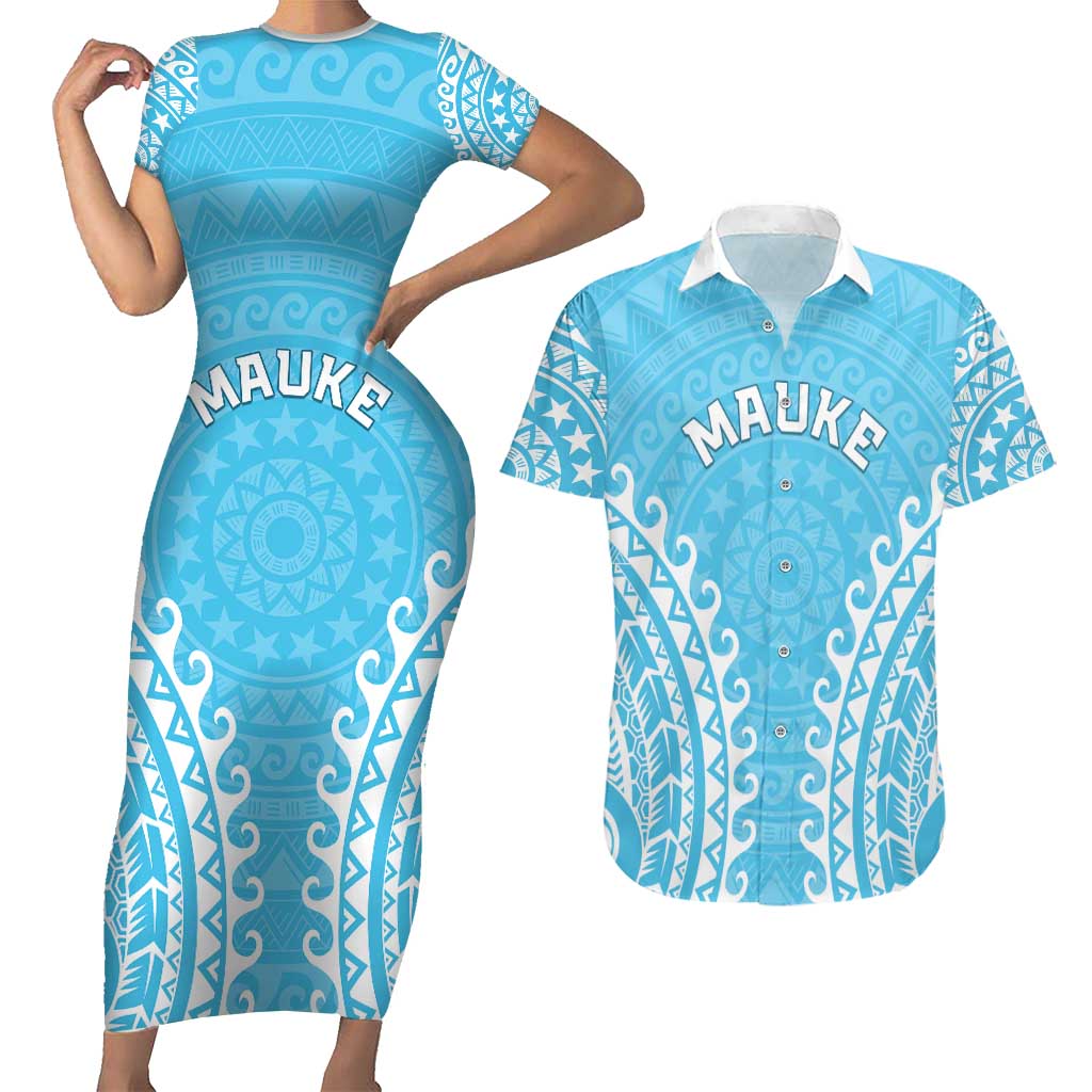 Custom Cook Islands Mauke Couples Matching Short Sleeve Bodycon Dress and Hawaiian Shirt Polynesian Tribal Tattoo