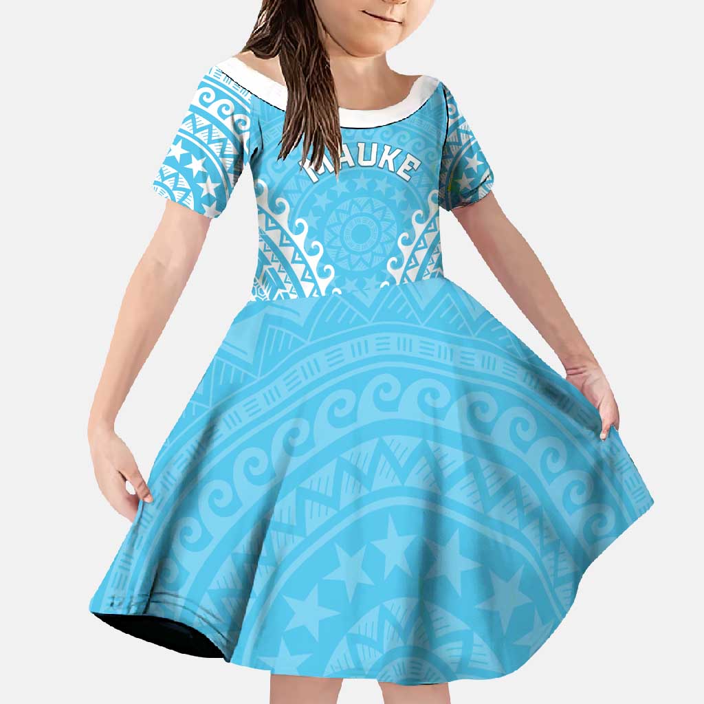 Custom Cook Islands Mauke Family Matching Mermaid Dress and Hawaiian Shirt Polynesian Tribal Tattoo LT05 Daughter's Dress Baby Blue - Polynesian Pride