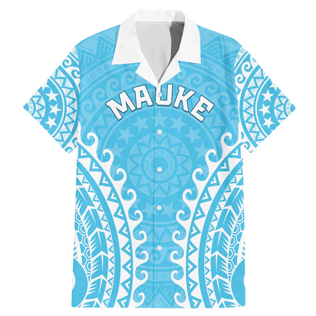 Custom Cook Islands Mauke Family Matching Mermaid Dress and Hawaiian Shirt Polynesian Tribal Tattoo LT05 Dad's Shirt - Short Sleeve Baby Blue - Polynesian Pride