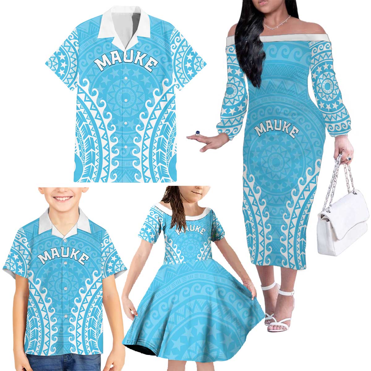 Custom Cook Islands Mauke Family Matching Off The Shoulder Long Sleeve Dress and Hawaiian Shirt Polynesian Tribal Tattoo
