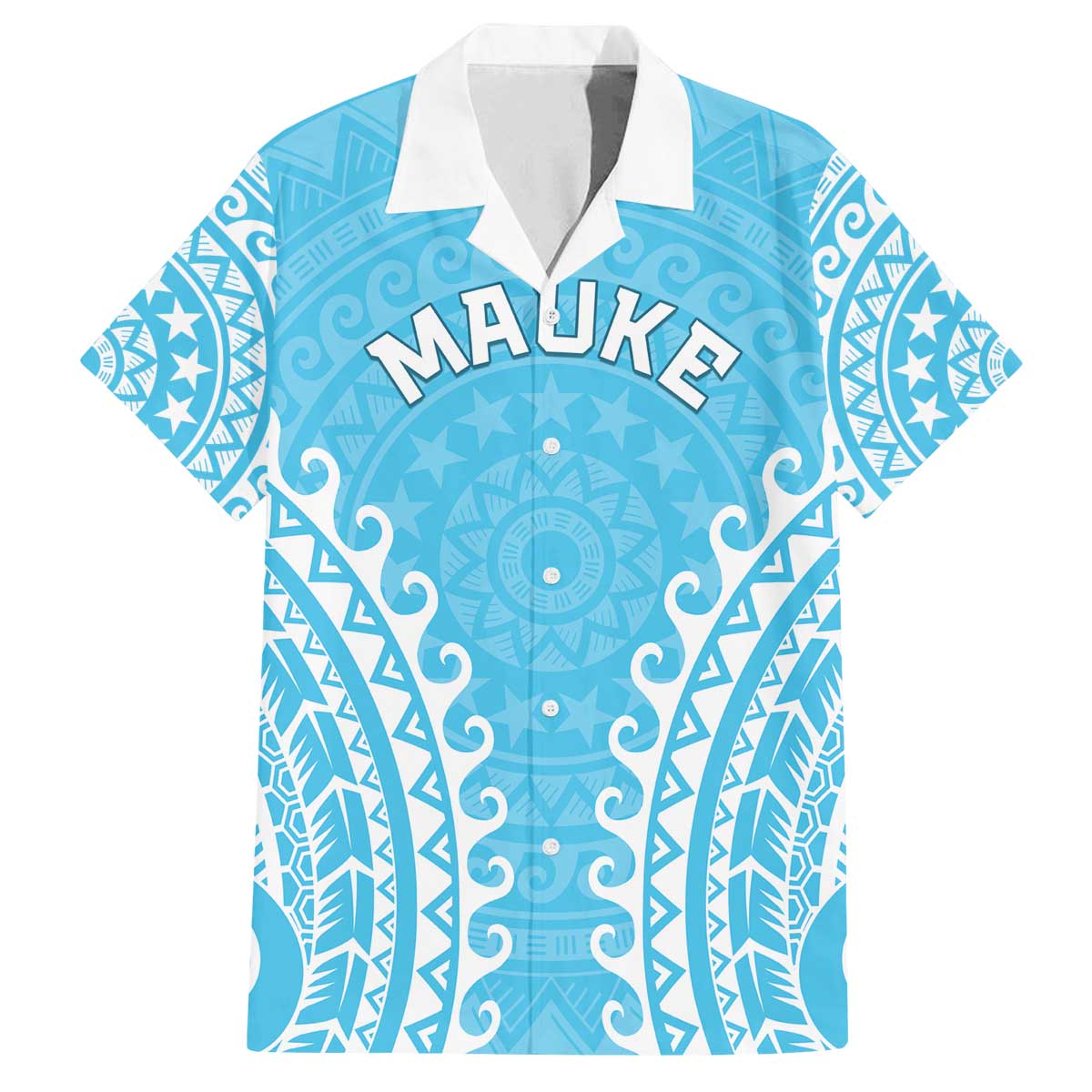 Custom Cook Islands Mauke Family Matching Off The Shoulder Long Sleeve Dress and Hawaiian Shirt Polynesian Tribal Tattoo LT05 Dad's Shirt - Short Sleeve Baby Blue - Polynesian Pride