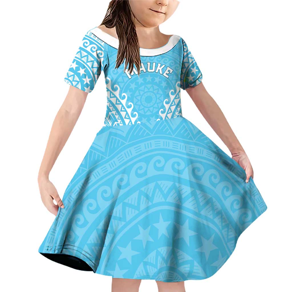 Custom Cook Islands Mauke Family Matching Off Shoulder Short Dress and Hawaiian Shirt Polynesian Tribal Tattoo LT05 Daughter's Dress Baby Blue - Polynesian Pride