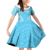 Custom Cook Islands Mauke Family Matching Off Shoulder Short Dress and Hawaiian Shirt Polynesian Tribal Tattoo LT05 Daughter's Dress Baby Blue - Polynesian Pride