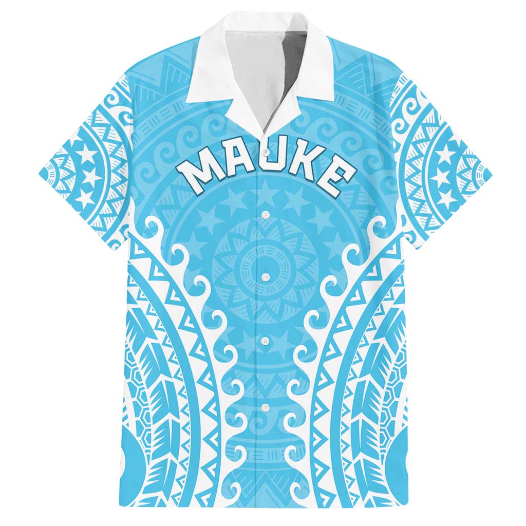 Custom Cook Islands Mauke Family Matching Puletasi and Hawaiian Shirt Polynesian Tribal Tattoo LT05 Dad's Shirt - Short Sleeve Baby Blue - Polynesian Pride