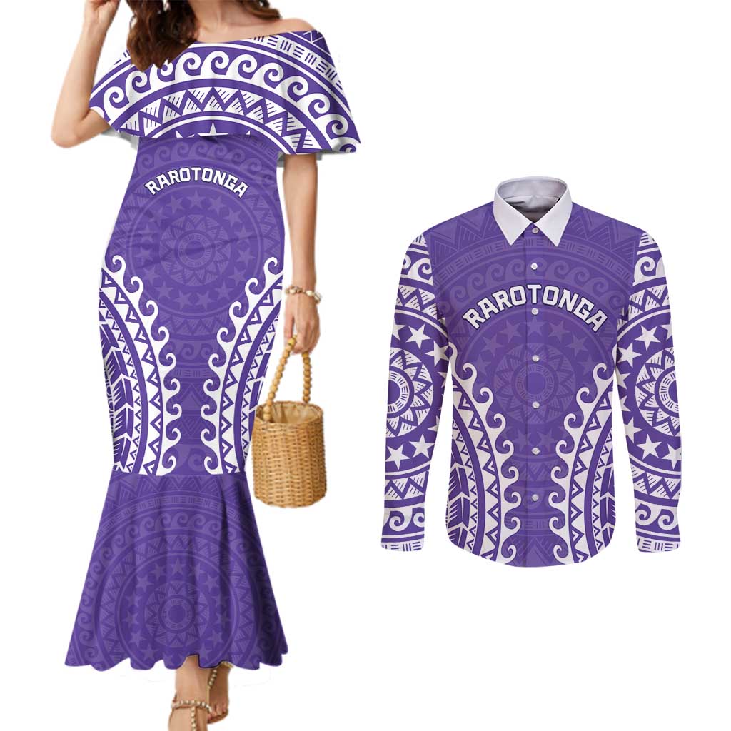 Custom Cook Islands Rarotonga Couples Matching Mermaid Dress and Long Sleeve Button Shirt Polynesian Tribal Tattoo