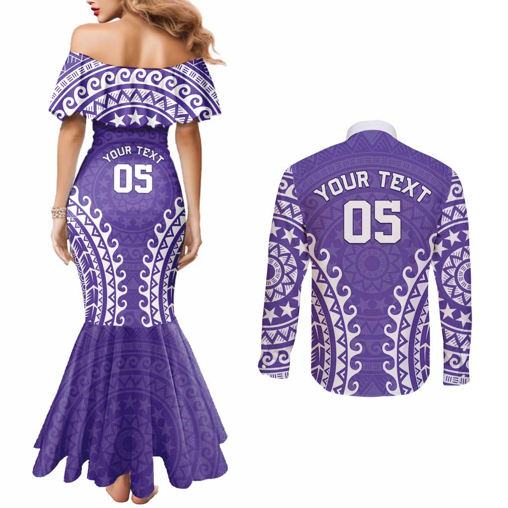 Custom Cook Islands Rarotonga Couples Matching Mermaid Dress and Long Sleeve Button Shirt Polynesian Tribal Tattoo