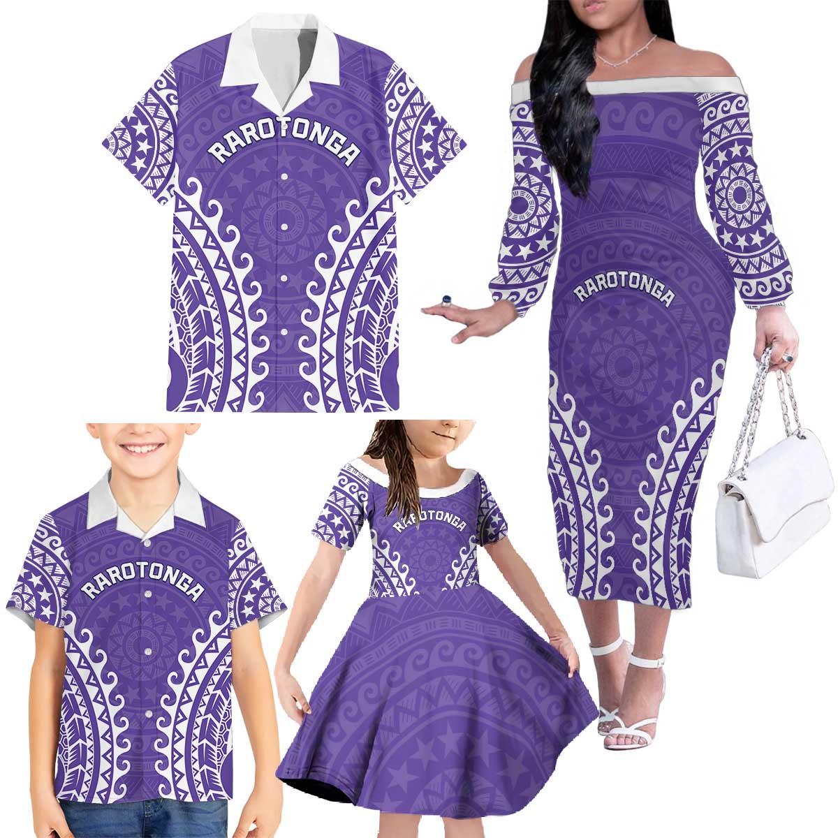 Custom Cook Islands Rarotonga Family Matching Off The Shoulder Long Sleeve Dress and Hawaiian Shirt Polynesian Tribal Tattoo