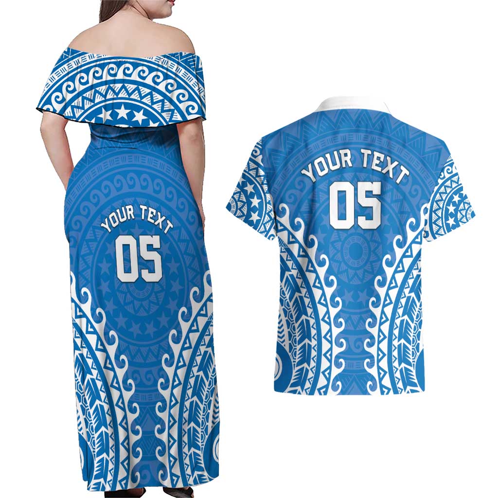 Custom Cook Islands Pukapuka Couples Matching Off Shoulder Maxi Dress and Hawaiian Shirt Polynesian Tribal Tattoo