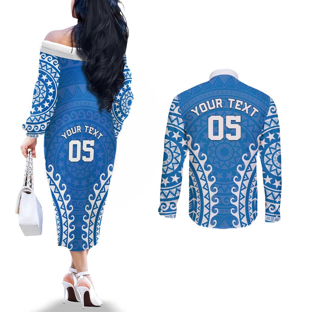 Custom Cook Islands Pukapuka Couples Matching Off The Shoulder Long Sleeve Dress and Long Sleeve Button Shirt Polynesian Tribal Tattoo