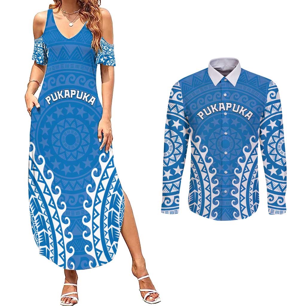 Custom Cook Islands Pukapuka Couples Matching Summer Maxi Dress and Long Sleeve Button Shirt Polynesian Tribal Tattoo