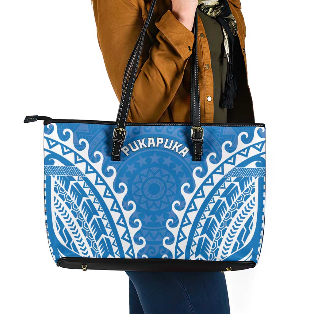 Custom Cook Islands Pukapuka Leather Tote Bag Polynesian Tribal Tattoo