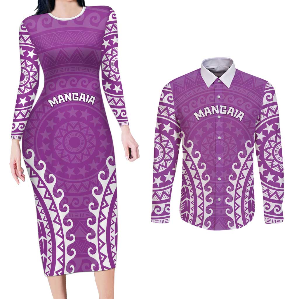 Custom Cook Islands Mangaia Couples Matching Long Sleeve Bodycon Dress and Long Sleeve Button Shirt Polynesian Tribal Tattoo LT05 Pink - Polynesian Pride