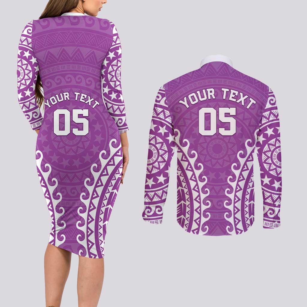 Custom Cook Islands Mangaia Couples Matching Long Sleeve Bodycon Dress and Long Sleeve Button Shirt Polynesian Tribal Tattoo LT05 - Polynesian Pride